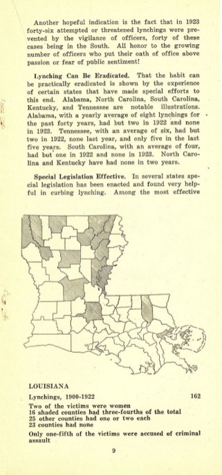 Page 9 from a pamphlet published by the Commission on Interracial Cooperation titled "Black Spots on the Map: A Challenge to Every American Citizen" documenting some progress on eradicating lynchings in the United States. Circa 1923.