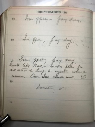 September 20th page from Maggie L. Walker's 5-year Diary for 1918 - 1922. The entry for the year 1920 documents her work to ensure African American women were given equal opportunity to register to vote for the first time.